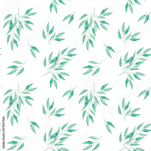 Watercolor seamless botanical pattern with eucalyptus greenery. Hand painted background with green eucalyptus branches for prints, textile, wrapping paper and wedding decoration.