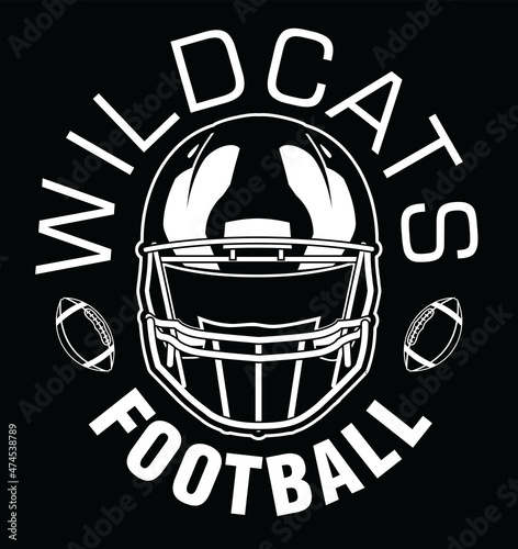 Wildcats Football One Color - White is a team design template that includes text, two footballs and a football helmet. Great for Wildcats t-shirts, mugs, advertising and promotion for teams or schools