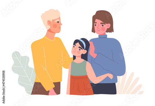 Family with adopted girl. Young couple took baby home. Caring for homeless people and orphanage children, charity. Group of happy characters, daughter hugs parents. Cartoon flat vector illustration
