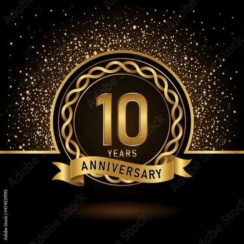 10th anniversary logo template Vector design birthday celebration, Golden anniversary emblem with ribbon. Design for booklet, leaflet, magazine, brochure, poster, web, invitation or greeting card.