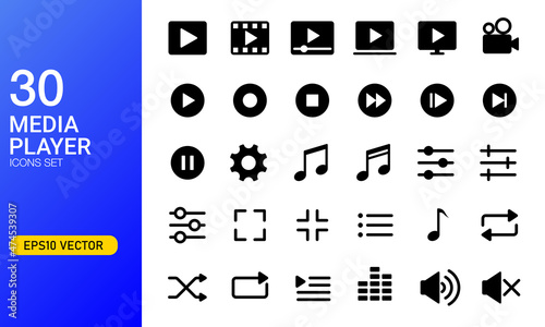 Set media player button icon. Player button, play, pause, and audio video player icon. Suitable for design element of multimedia player software user interface button.