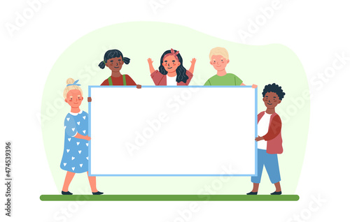 Children holding banner. Stylish design of place for text. First graders hold blank sheet of paper. School children came out with placard. Template for advertising. Cartoon flat vector illustration