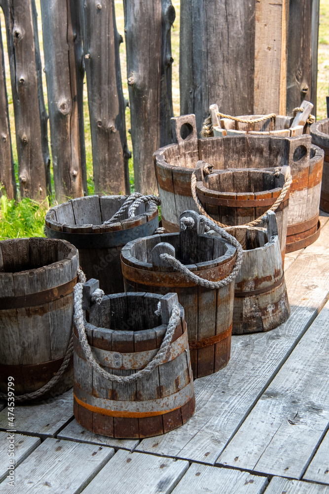 Wooden buckets with rope handles Wooden buckets with rope handles