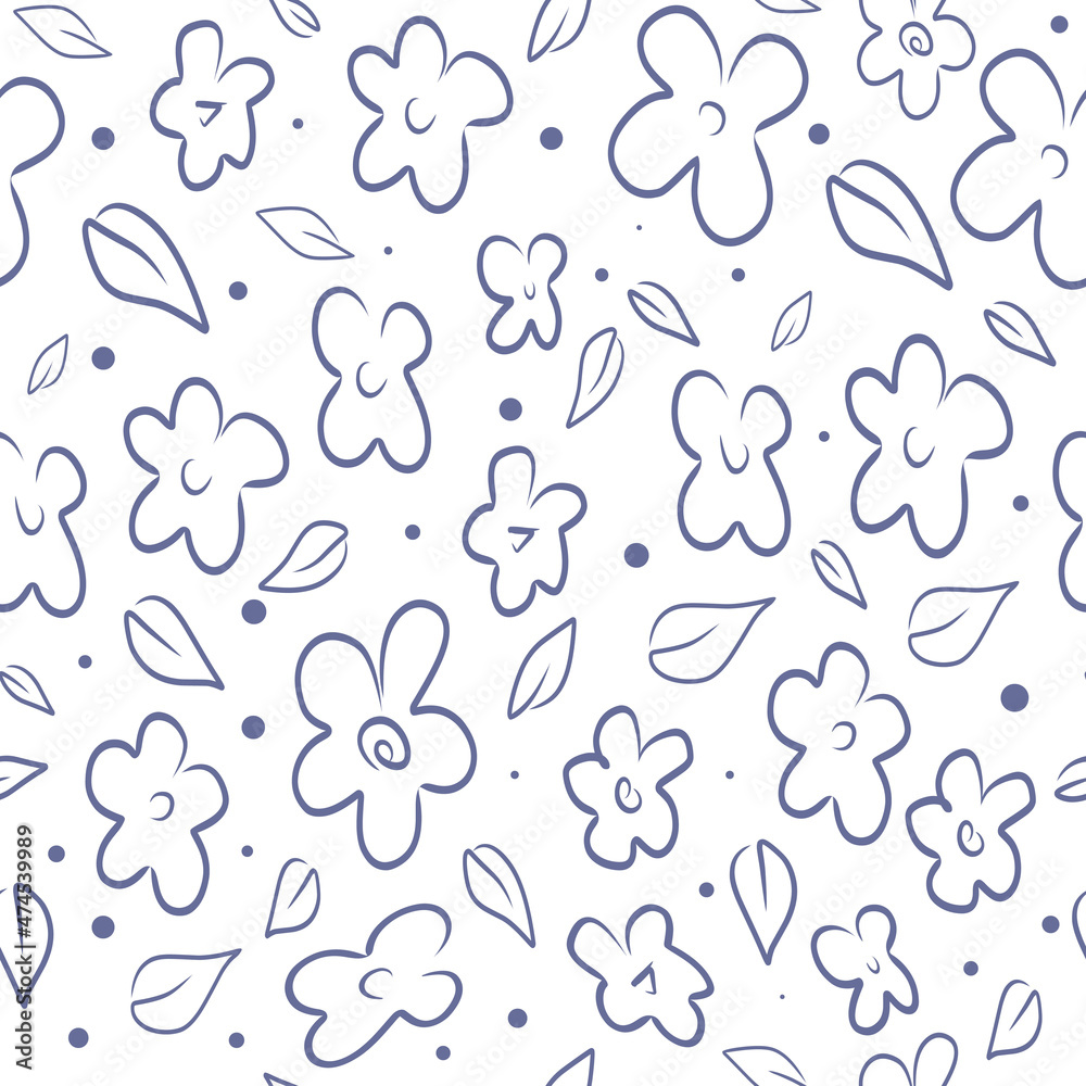 Vector seamless pattern with outline flowers. Hand drawn doodle spring texture, background. For wrapping paper, coloring page, mother's or women's or Valentine's Day. Vector illustration Vector seamless pattern with outline flowers. Hand drawn doodle spring texture, background. For wrapping paper, coloring page, mother's or women's or Valentine's Day. Vector illustration
