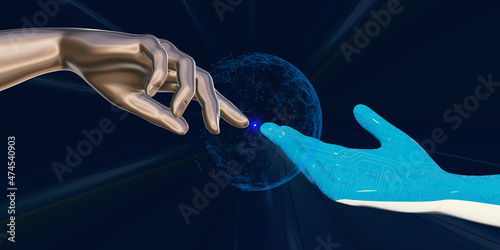 Image of hands reaching for each other through the Metaverse concept VR glasses. virtual world 3D illustration