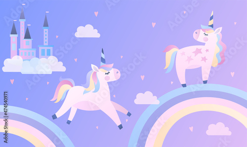 Small unicorns background. Bright banners and posters for children. Cute animals. Fictional world, fairy tales. Graphic elements for printing on baby clothes. Cartoon flat vector illustration