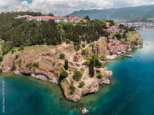 Drone view of the Church of St. John Kaneo in Ohrid. Church of St. John the Evangelist. Drone shot of the Macedonian Orthodox Church, located on a cliff above the Kaneo beach in the city of Ohrid
