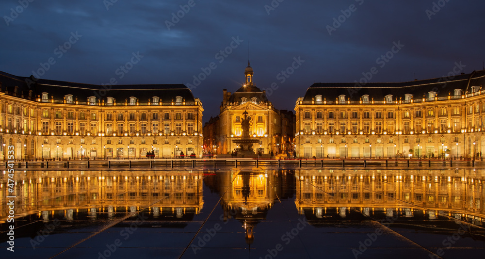 Place de la Bourse in the city of Bordeaux, France with reflection
