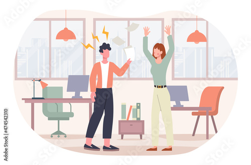 People conflict concept. Girl unhappy with documents that man hands her. Employees yell at each other, boss scolds subordinate. Bad relationships between colleagues. Cartoon flat vector illustration