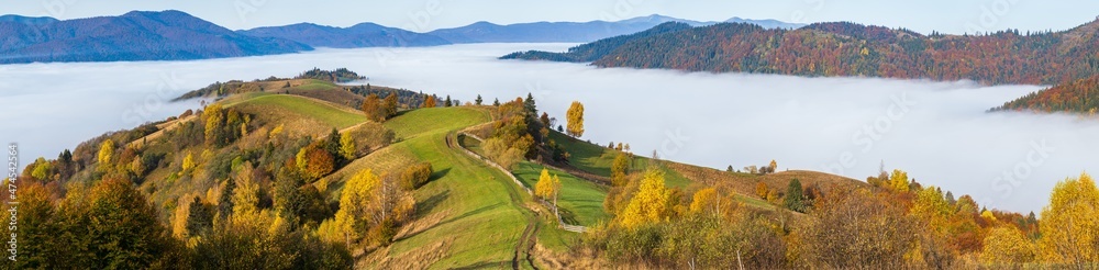 Morning foggy clouds in autumn mountain countryside.  Ukraine, Carpathian Mountains, Transcarpathia. Peaceful picturesque traveling, seasonal, nature and countryside beauty concept scene.