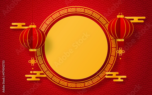 Chinese new year postcard with Chinese circle frame and lantern