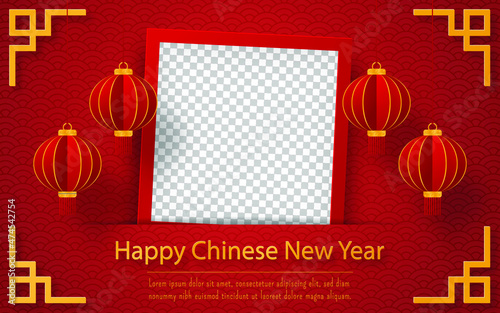 Fotografia Chinese new year postcard with blank photo frame and Chinese lantern