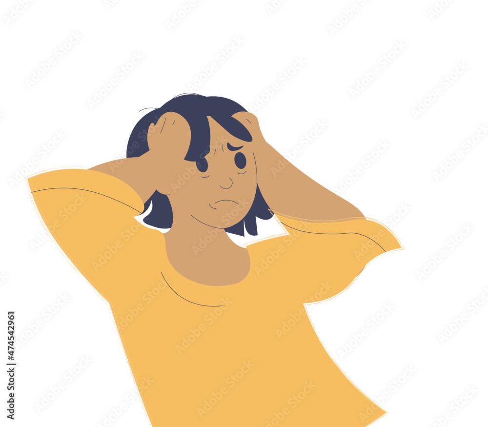 Flat illustration of a dark-skinned girl with anxiety Flat illustration of a dark-skinned girl with anxiety