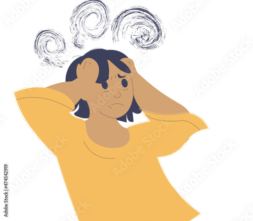 Flat illustration of a dark-skinned girl with anxiety	
