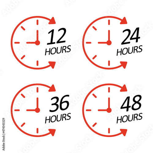 Clock time icons labels 12 24 36 48 hours. Black red. Countdown to the holiday event sale. Reminder hour. Vector illustration on white background