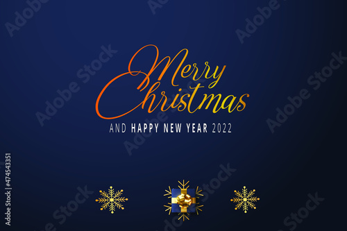 Merry Christmas and Happy New Year lettering template. Greeting card invitation with golden snowflakes