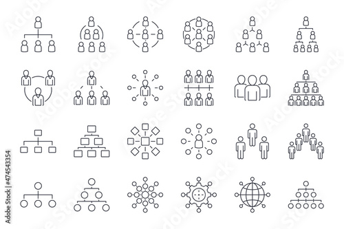 Organization chart hierarchy vector icons. Editable stroke. Organization company head of departments. Enterprise management subordinate structure. Businessman manager employee photo