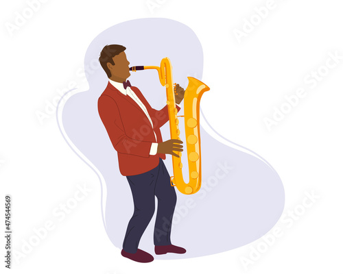 Saxophonist with an instrument. African American jazz musician. Flat vector illustration isolated on white background.