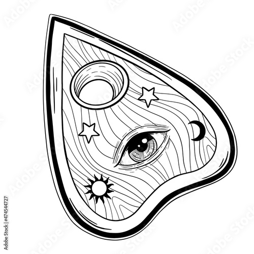 Heart-shaped planchette for spirit talking board. Vector isolated illustration in Victorian style. Mediumship divination equipment. flash tattoo drawing. Alchemy, religion, spirituality, occultism.