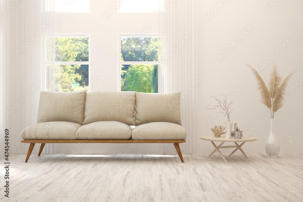 Fototapeta premium Minimalist living room in white color with sofa and summer landscape in window. Scandinavian interior design. 3D illustration