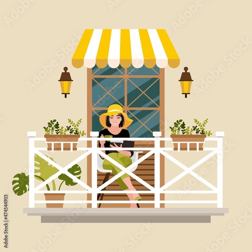 A girl in a summer hat sits on the balcony and drinks tea against the background of a part of the wall of a house with a window shed and a balcony fence. Building facade elements vector illustration.