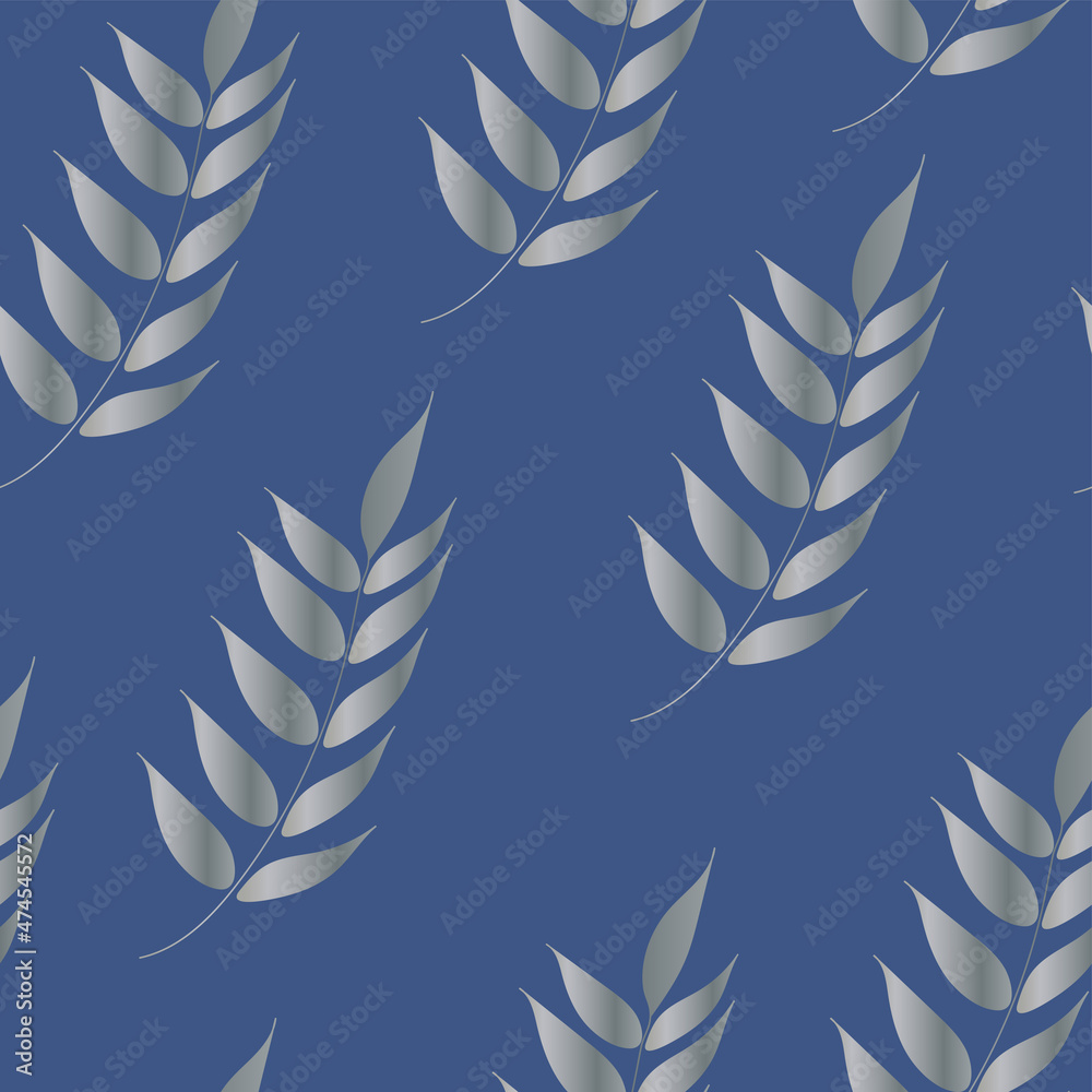 Seamless hand drowing pattern in vector with single twigs with leaves. Silver leaves on blue background. Seamless hand drowing pattern in vector with single twigs with leaves. Silver leaves on blue background.