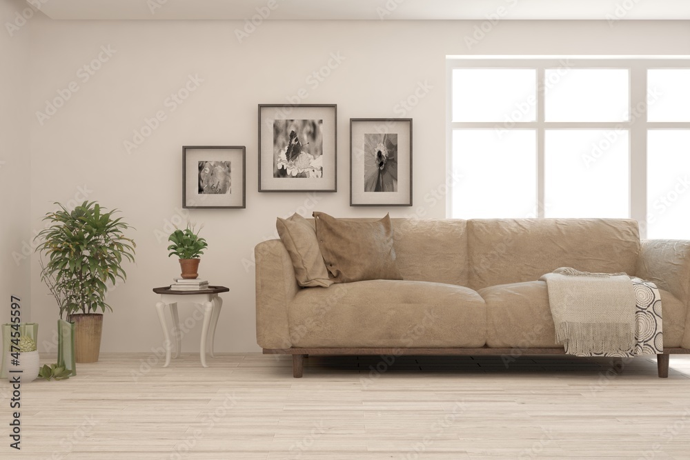 White living room with sofa. Scandinavian interior design. 3D illustration