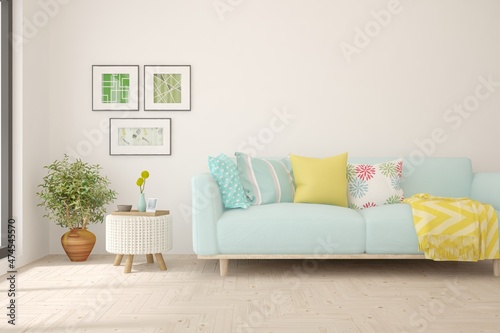 White living room with sofa. Scandinavian interior design. 3D illustration