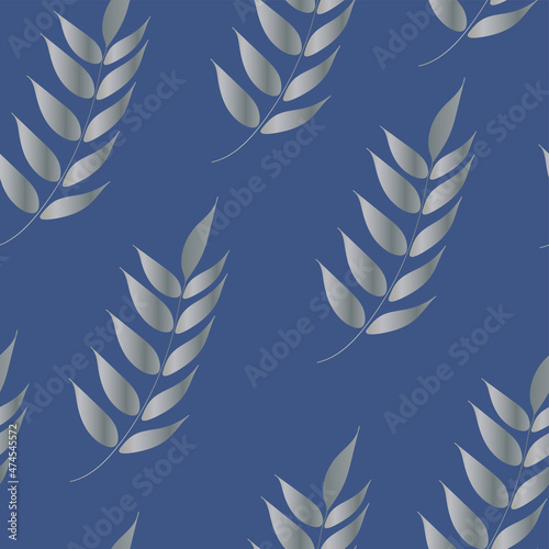 Seamless hand drowing pattern in vector with single twigs with leaves. Silver leaves on blue background.