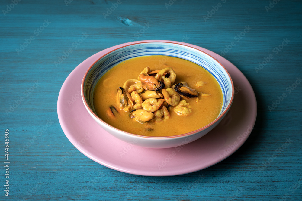 Seafood soup, based on prawns, mussels, clams, hake and squid. Seafood soup, based on prawns, mussels, clams, hake and squid.