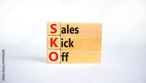 SKO sails kick off symbol. Concept words SKO sails kick off on wooden blocks. Beautiful white background, copy space. Business and SKO sails kick off concept.