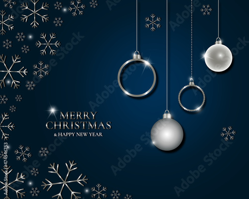 Christmas and Happy New Year vector banner with snowflakes and balls
