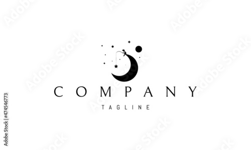 Vector logo in which an abstract image of a child with a fishing rod who sits on the edge of the moon against a background of stars.