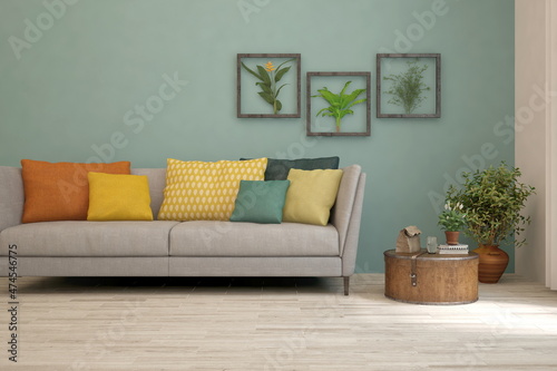 Blue living room with sofa. Scandinavian interior design. 3D illustration