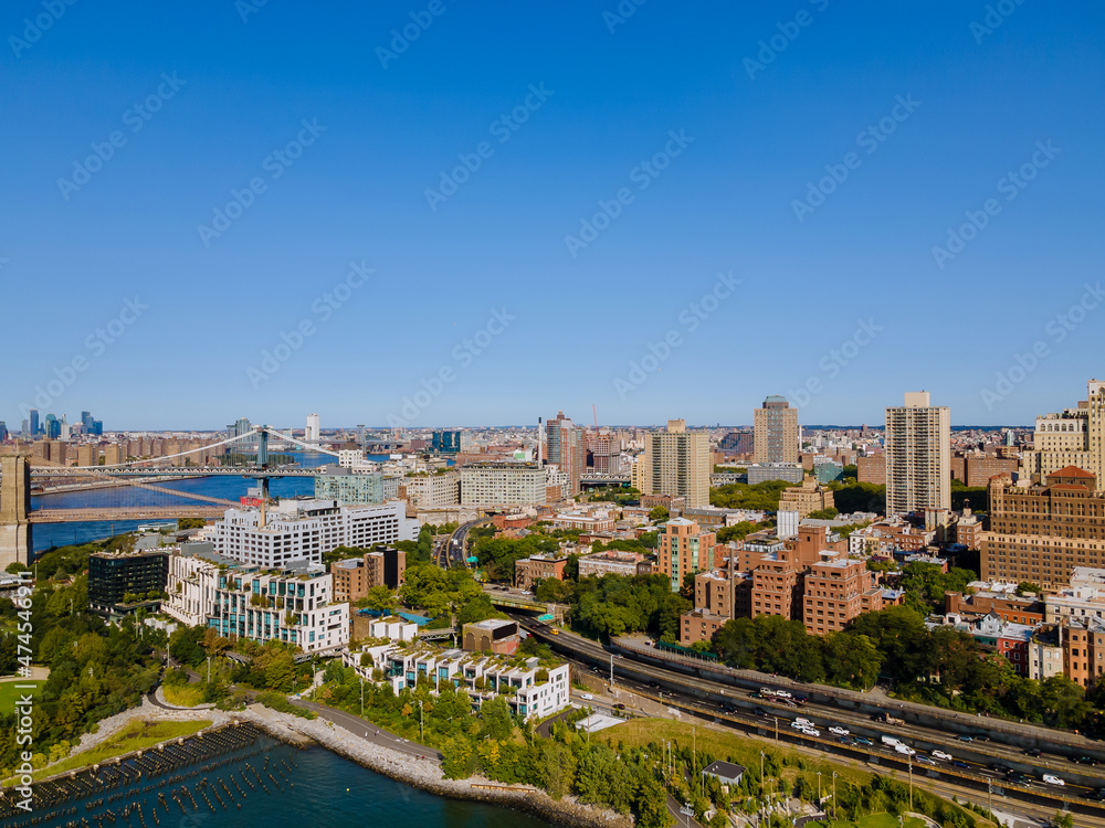 NYC cityscape of downtown Brooklyn district with Manhattan Bridge beautiful aerial skyline New York City