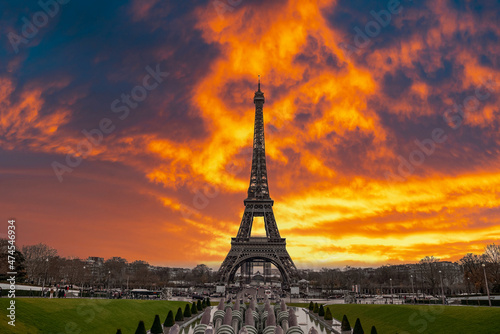 Beautiful view of the famous Eiffel Tower in Paris, France during magical sunset. Best Destinations in Europe - Paris. © Aerial Film Studio