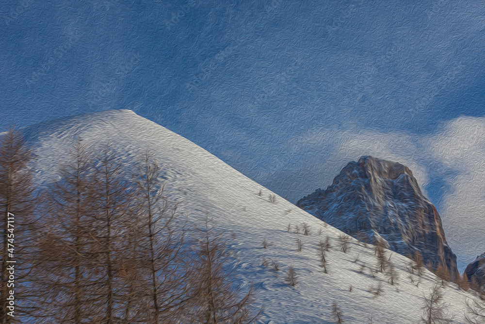 Illustration with oil painting technique of snowy peak surrounded by larches and Mount Pelmo north face in winter conditions. Selva di Cadore, Dolomites, Italy