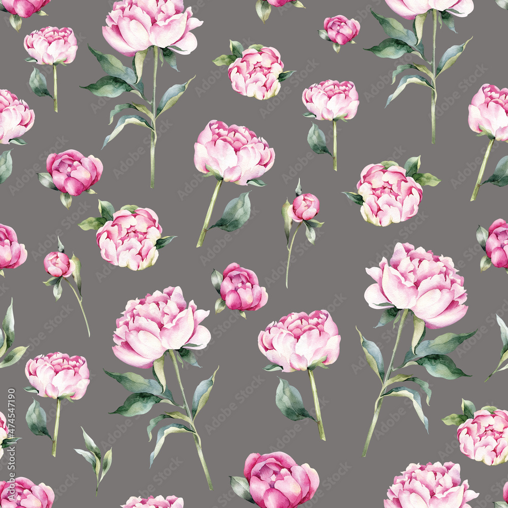 Floral print, watercolor flowers of peonies. Pattern with spring peonies isolated on dark background, may be used as background texture, wrapping paper, textile or wallpaper design