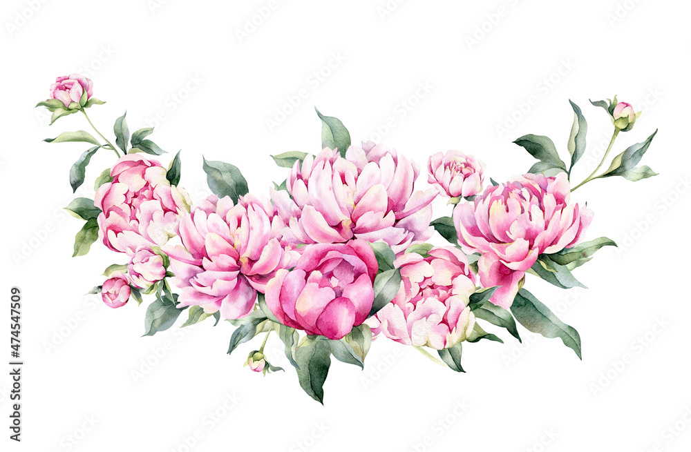 Watercolor border with flowers of peonies. Hand painted  with floral elements on a white background. Can be used as a background. Botanical border