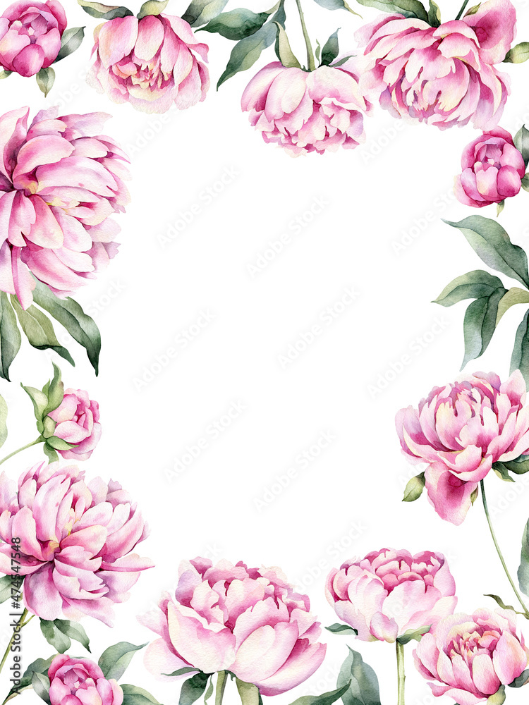 Watercolor frame with flowers of peonies. Hand painted on the perimeter with floral elements on a white background. Can be used as a background. Botanical border