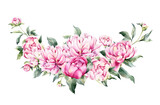 Watercolor border with flowers of peonies. Hand painted  with floral elements on a white background. Can be used as a background. Botanical border