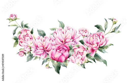 Watercolor border with flowers of peonies. Hand painted with floral elements on a white background. Can be used as a background. Botanical border