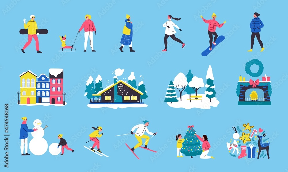 Fototapeta premium Winter Activity Flat Color Set