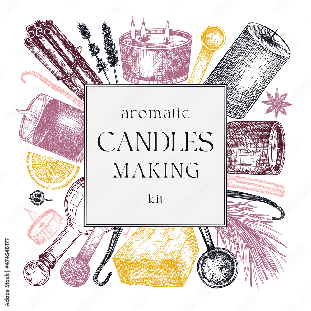 Hand sketched candle-making card design. Vintage candles, herbs, wax, fruits, spices, skewers hand drawings square wreath. Perfect template for aromatherapy, hobby, handcrafts, candle making, package - obrazy, fototapety, plakaty 