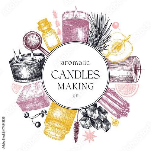 Hand sketched candle-making card design. Vintage candles, herbs, wax, fruits, spices, skewers hand drawings round wreath. Perfect template for aromatherapy, hobby, handcrafts, candle making, package