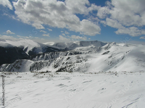 Snowy mountains with clouds and sky