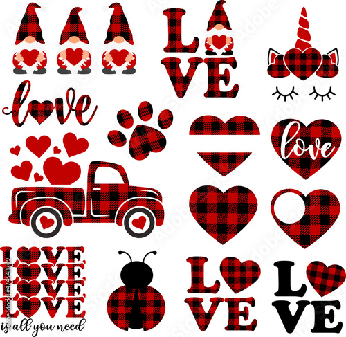 Set of Valentine's day vector elements (Svg) isolated on white background: red buffalo plaid Valentine gnomes holding hearts, unicorn face, old vintage truck. Love clipart