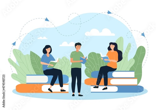 People reading books. Characters sitting on stack of scatterpots. Metaphor for selfdevelopment and gaining new knowledge. Useful and fictional literature, library. Cartoon flat vector illustration