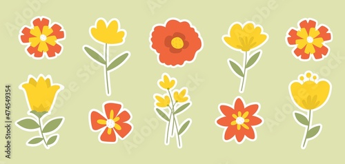 Flower sticker pack. Collection of badges for children, set of postcards. Graphic elements for creating pattern. Nature, greenery. Cartoon flat vector illustrations isolated on green background