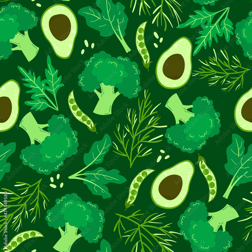 Seamless vector pattern with green vegetables on dark green background. Vegetarian lifestyle decorative seamless pattern 
